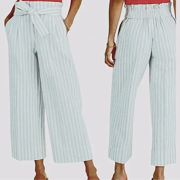 Madewell Huston blue and ivory tie waist wide leg cropped pants size X small - Picture 2 of 12